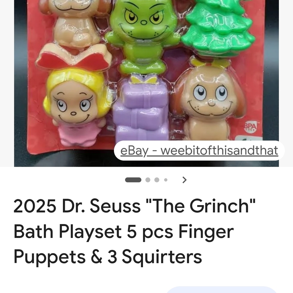 Dr. Seuss Grinch Bath Toy Set - 5 Finger Puppets & 3 Bath Squirters.